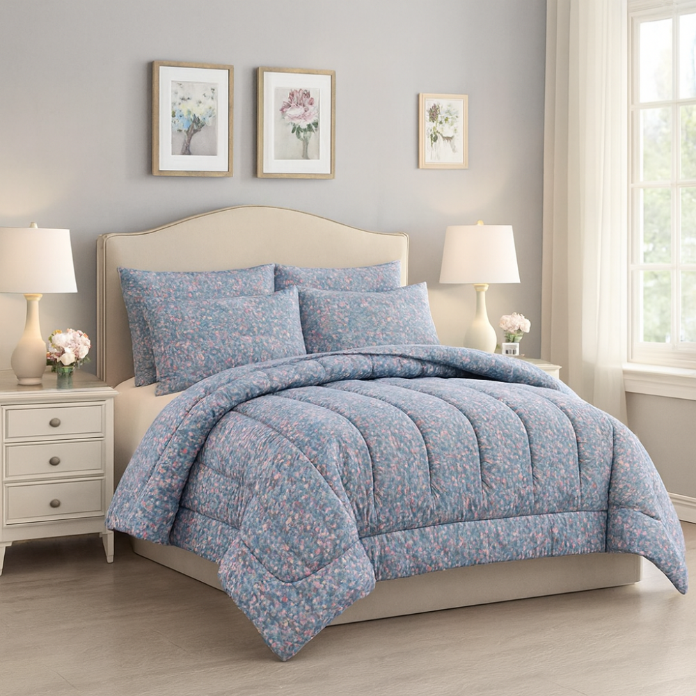 Ditsy Floral Super King Comforter Set w/ 2 Pillow Covers - Blue/Pink (3 Piece Set)
