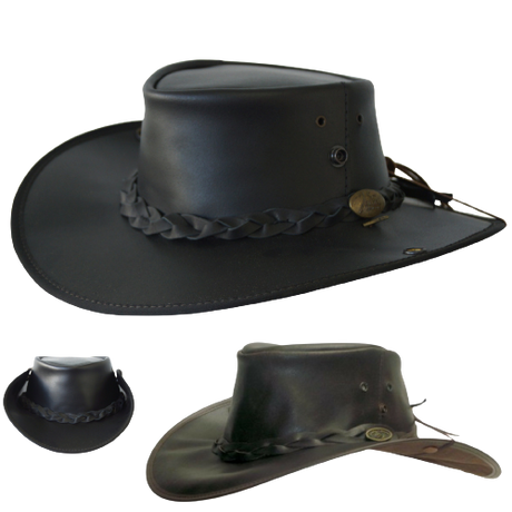 Jacaru Boundary Rider Anzac Style Bovine Cow Leather Hat Chinstrap Side Snaps - Brown