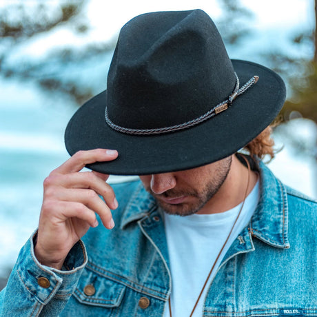Jacaru 1847 Outback Fedora Hat - Black (100% Australian Wool Travel Crushable Hat)
