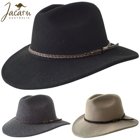 JACARU Australian Wool Fedora Hat Outback 100% WOOL Crushable Travel 1847 - Black