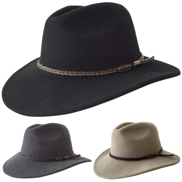 JACARU Australian Wool Fedora Hat Outback 100% WOOL Crushable Travel 1847 - Black