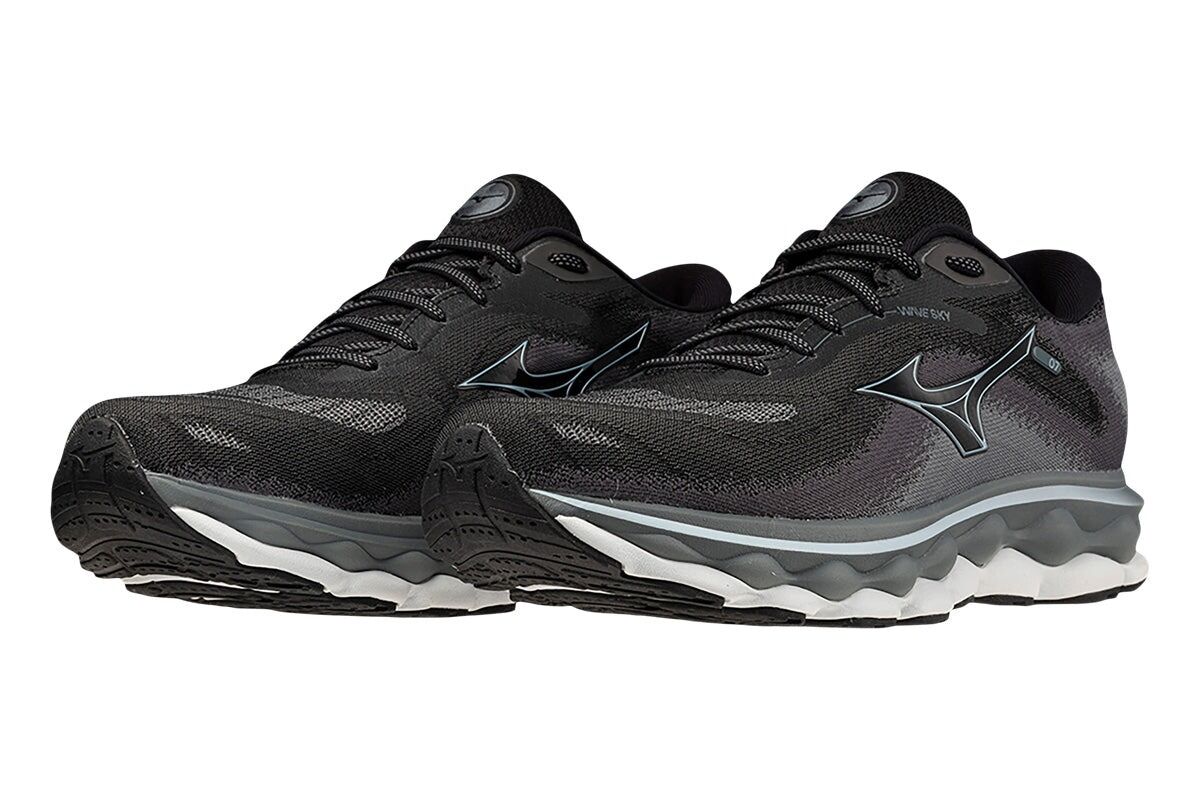 Mens Mizuno Wave Sky 7 2E Wide Black/Glacial Ridge/Stormy Weather, Size 9.5