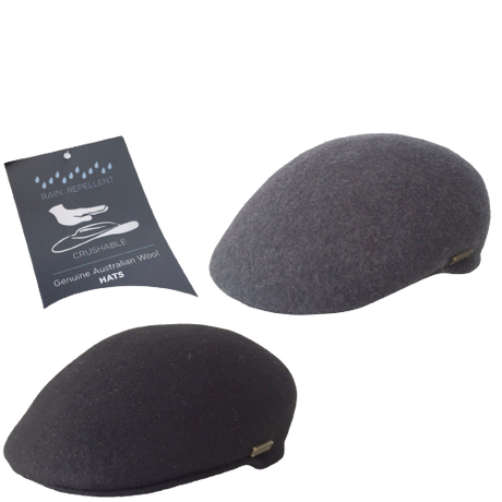JACARU 100% Wool Felt Ivy Hat Australian Waterproof Drivers Flat 1850 Warm Aston - Black