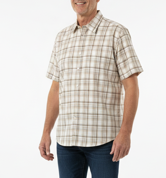 Mens 100% Cotton Button Up Short Sleeve Shirt in Beige Check