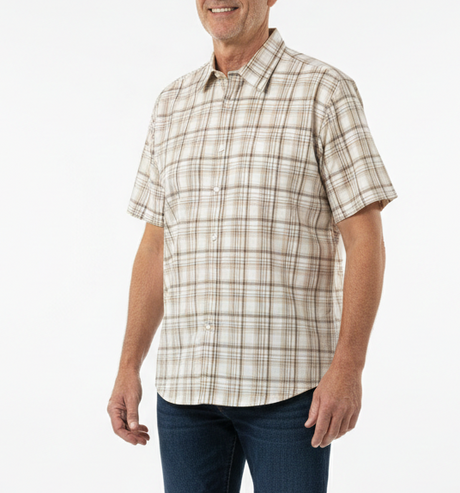 Mens 100% Cotton Button Up Short Sleeve Shirt in Beige Check