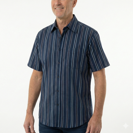 Mens 100% Cotton Button Up Short Sleeve Shirt in Navy Stripe