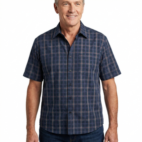 Mens 100% Cotton Button Up Short Sleeve Shirt in Navy Check