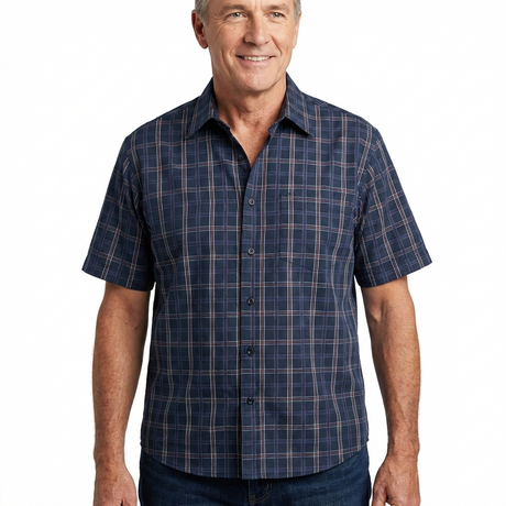 Mens 100% Cotton Button Up Short Sleeve Shirt in Navy Check