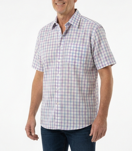 Mens 100% Cotton Button Up Short Sleeve Shirt in Purple/White/Blue Check