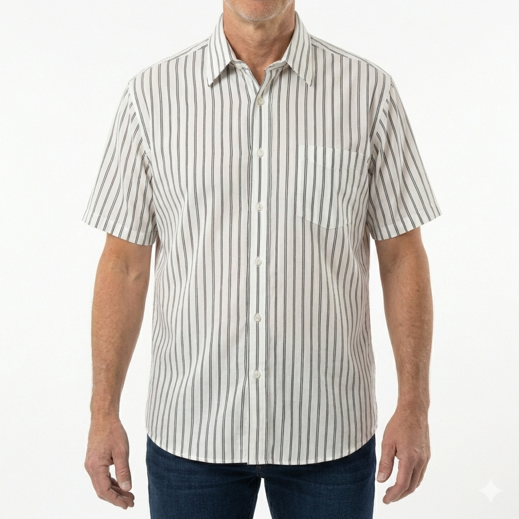 Mens 100% Cotton Button Up Short Sleeve Shirt in White with Grey Stripe