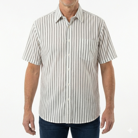 Mens 100% Cotton Button Up Short Sleeve Shirt in White with Grey Stripe