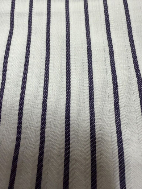 Mens 100% Cotton Button Up Short Sleeve Shirt in White with Purple Stripe