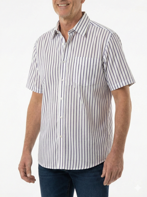 Mens 100% Cotton Button Up Short Sleeve Shirt in White with Purple Stripe