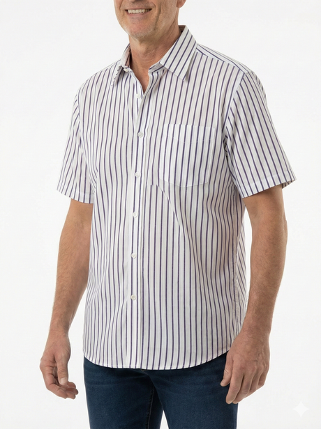 Mens 100% Cotton Button Up Short Sleeve Shirt in White with Purple Stripe