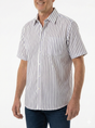 Mens 100% Cotton Button Up Short Sleeve Shirt in White with Purple Stripe