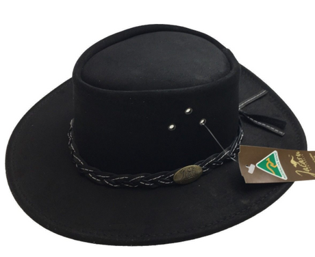 Jacaru 1007 Wallaroo Suede Leather Outback Wide Brim Hat - Black