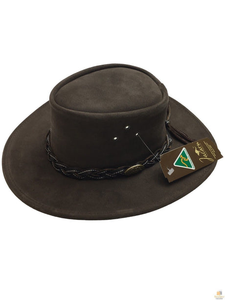 Jacaru 1007 Wallaroo Suede Leather Outback Wide Brim Hat - Brown