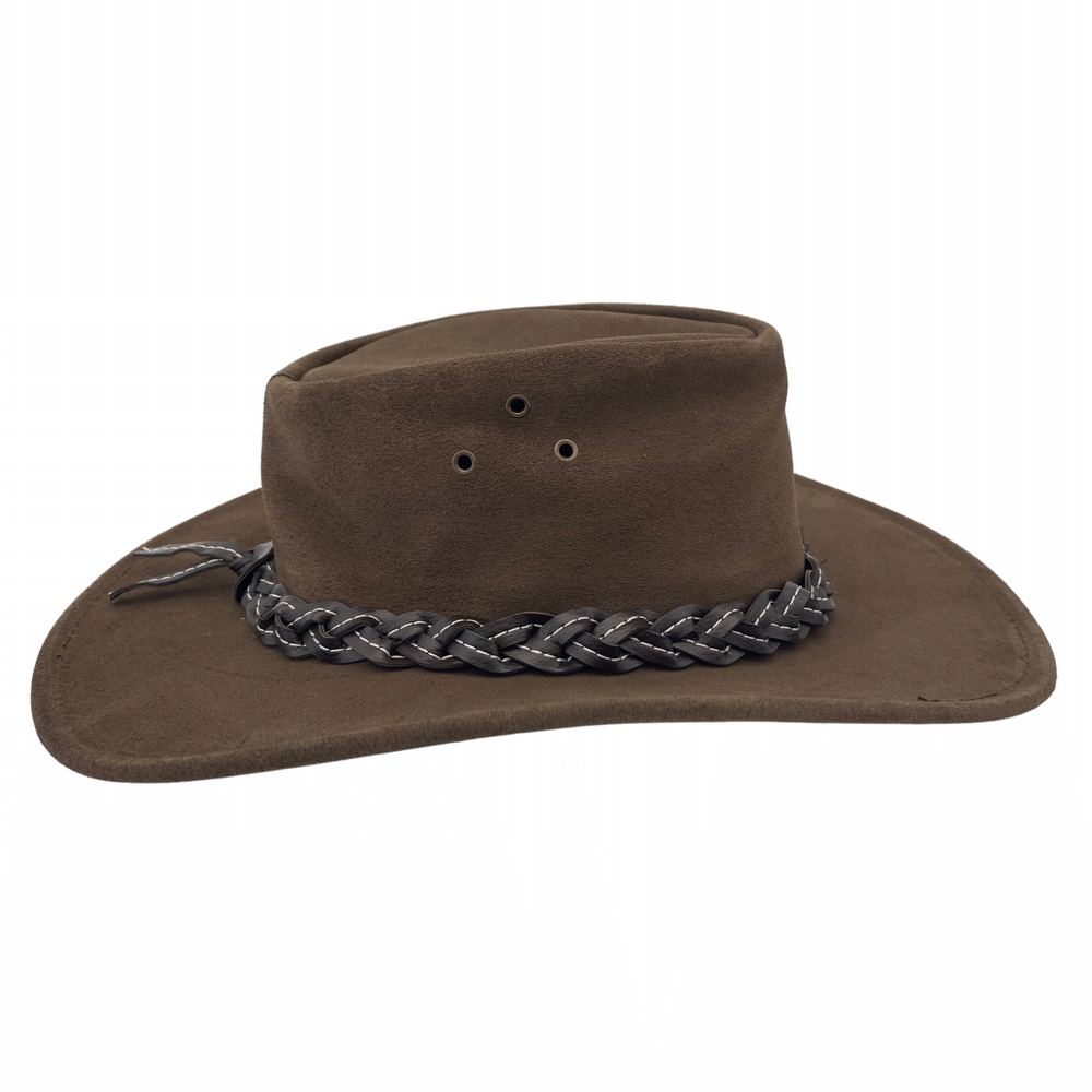 Jacaru 1007 Wallaroo Suede Leather Outback Wide Brim Hat - Brown