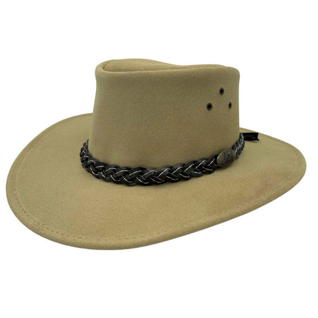 Jacaru 1007 Wallaroo Suede Leather Outback Wide Brim Hat - Sand