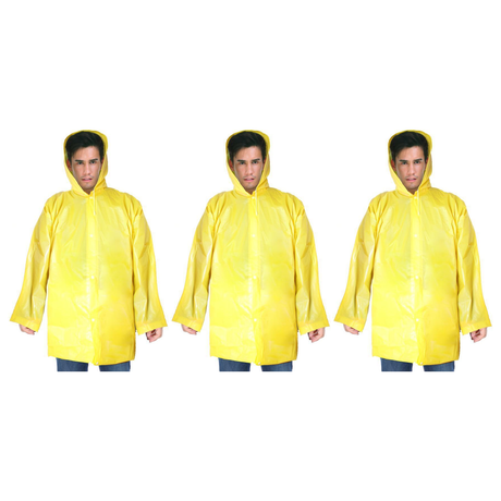 3x Adult Hooded Yellow Poncho Raincoat - Emergency Waterproof Jacket (Bulk Pack)