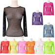 3x Womens Assorted Colours Fishnet Mesh Long Sleeve Sheer Top Bulk Pack - See Through Party Costume