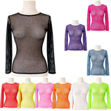 3x Womens Assorted Colours Fishnet Mesh Long Sleeve Sheer Top Bulk Pack - See Through Party Costume