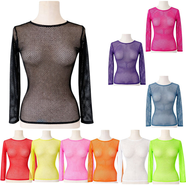 3x Womens Assorted Colours Fishnet Mesh Long Sleeve Sheer Top Bulk Pack - See Through Party Costume