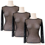 3x Womens Black Fishnet Mesh Long Sleeve Sheer Top Bulk Pack - See Through Party Costume