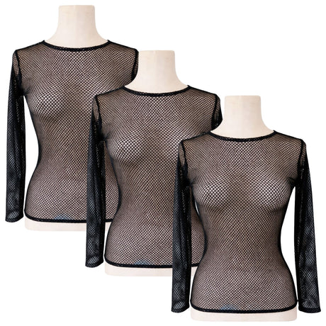 3x Womens Black Fishnet Mesh Long Sleeve Sheer Top Bulk Pack - See Through Party Costume