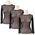 3x Womens Black Fishnet Mesh Long Sleeve Sheer Top Bulk Pack - See Through Party Costume