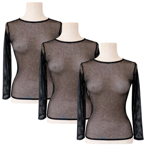 3x Womens Black Fishnet Mesh Long Sleeve Sheer Top Bulk Pack - See Through Party Costume