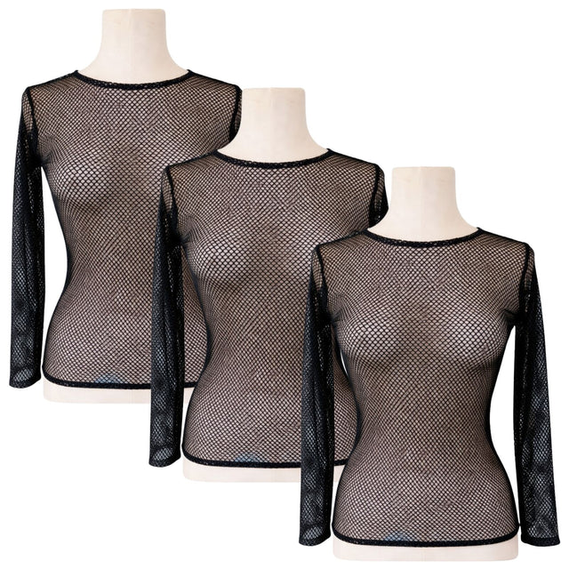 3x Womens Black Fishnet Mesh Long Sleeve Sheer Top Bulk Pack - See Through Party Costume