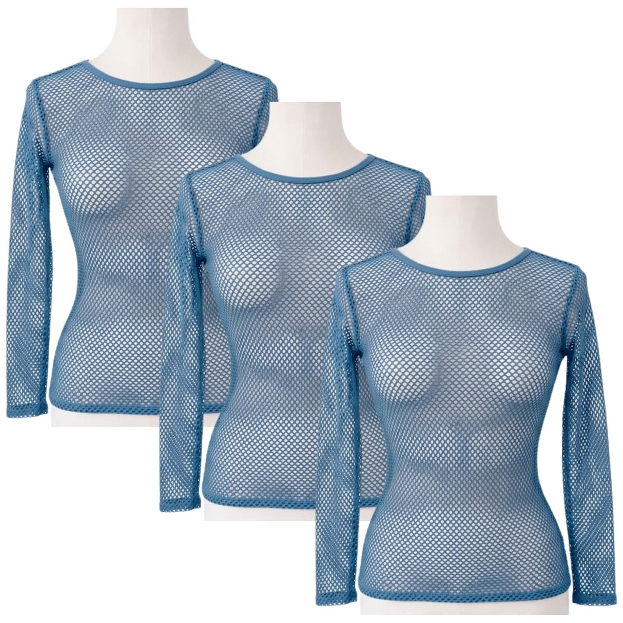 3x Womens Blue Fishnet Mesh Long Sleeve Sheer Top Bulk Pack - See Through Party Costume
