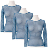 3x Womens Blue Fishnet Mesh Long Sleeve Sheer Top Bulk Pack - See Through Party Costume