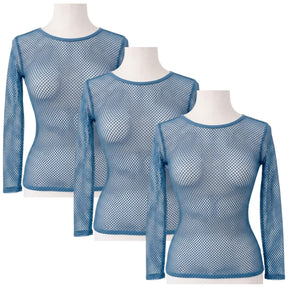 3x Womens Blue Fishnet Mesh Long Sleeve Sheer Top Bulk Pack - See Through Party Costume