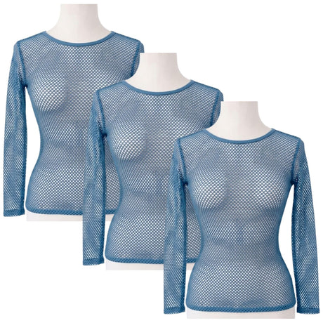 3x Womens Blue Fishnet Mesh Long Sleeve Sheer Top Bulk Pack - See Through Party Costume