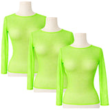 3x Womens Fluro Green Fishnet Mesh Long Sleeve Sheer Top Bulk Pack - See Through Party Costume