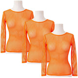 3x Womens Fluro Orange Fishnet Mesh Long Sleeve Sheer Top Bulk Pack - See Through Party Costume