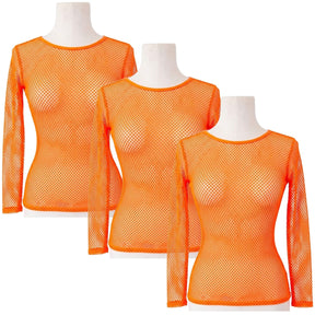 3x Womens Fluro Orange Fishnet Mesh Long Sleeve Sheer Top Bulk Pack - See Through Party Costume