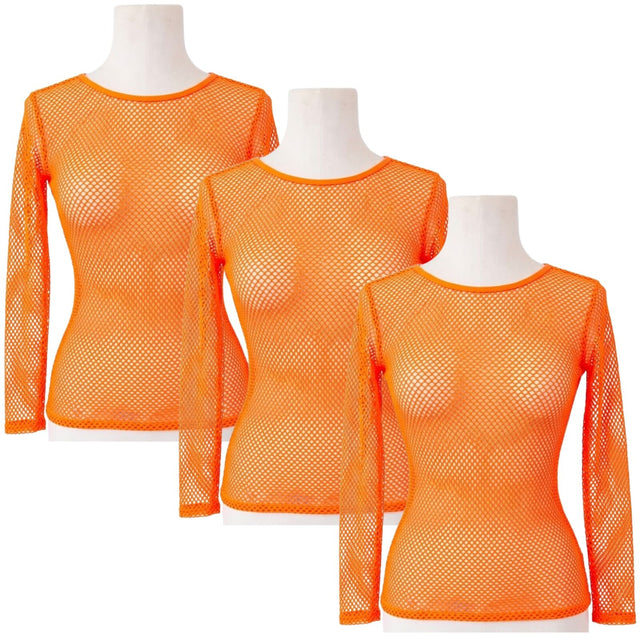 3x Womens Fluro Orange Fishnet Mesh Long Sleeve Sheer Top Bulk Pack - See Through Party Costume