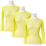 3x Womens Fluro Yellow Fishnet Mesh Long Sleeve Sheer Top Bulk Pack - See Through Party Costume