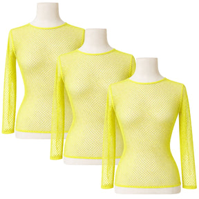 3x Womens Fluro Yellow Fishnet Mesh Long Sleeve Sheer Top Bulk Pack - See Through Party Costume