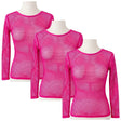 3x Womens Hot Pink Fishnet Mesh Long Sleeve Sheer Top Bulk Pack - See Through Party Costume