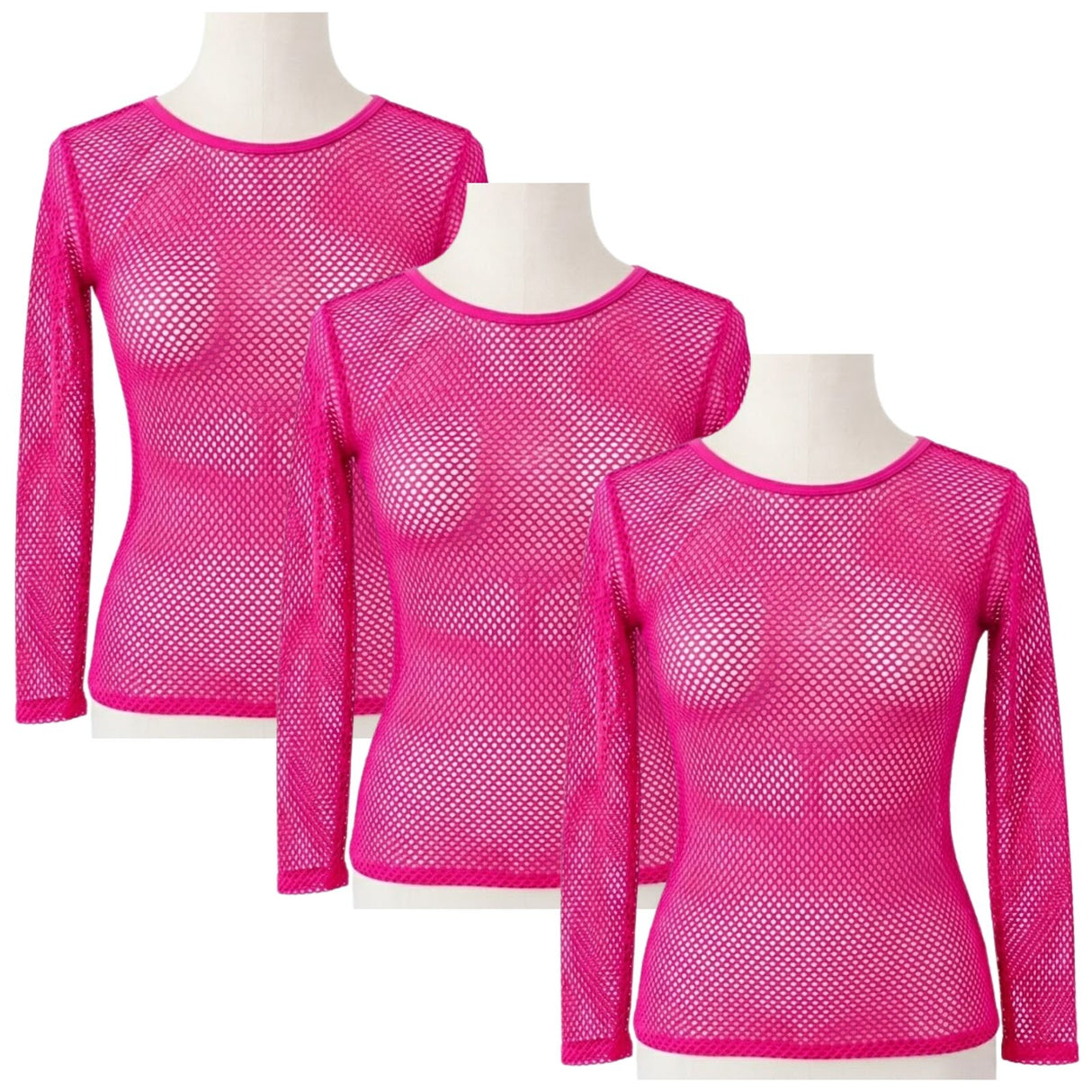 3x Womens Hot Pink Fishnet Mesh Long Sleeve Sheer Top Bulk Pack - See Through Party Costume