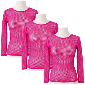 3x Womens Hot Pink Fishnet Mesh Long Sleeve Sheer Top Bulk Pack - See Through Party Costume
