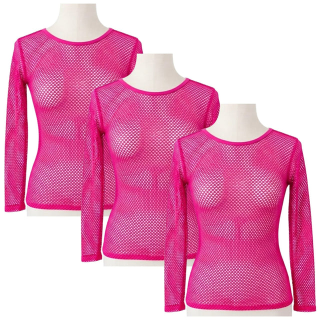 3x Womens Hot Pink Fishnet Mesh Long Sleeve Sheer Top Bulk Pack - See Through Party Costume