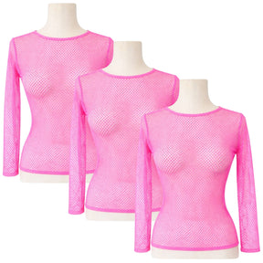 3x Womens Light Pink Fishnet Mesh Long Sleeve Sheer Top Bulk Pack - See Through Party Costume