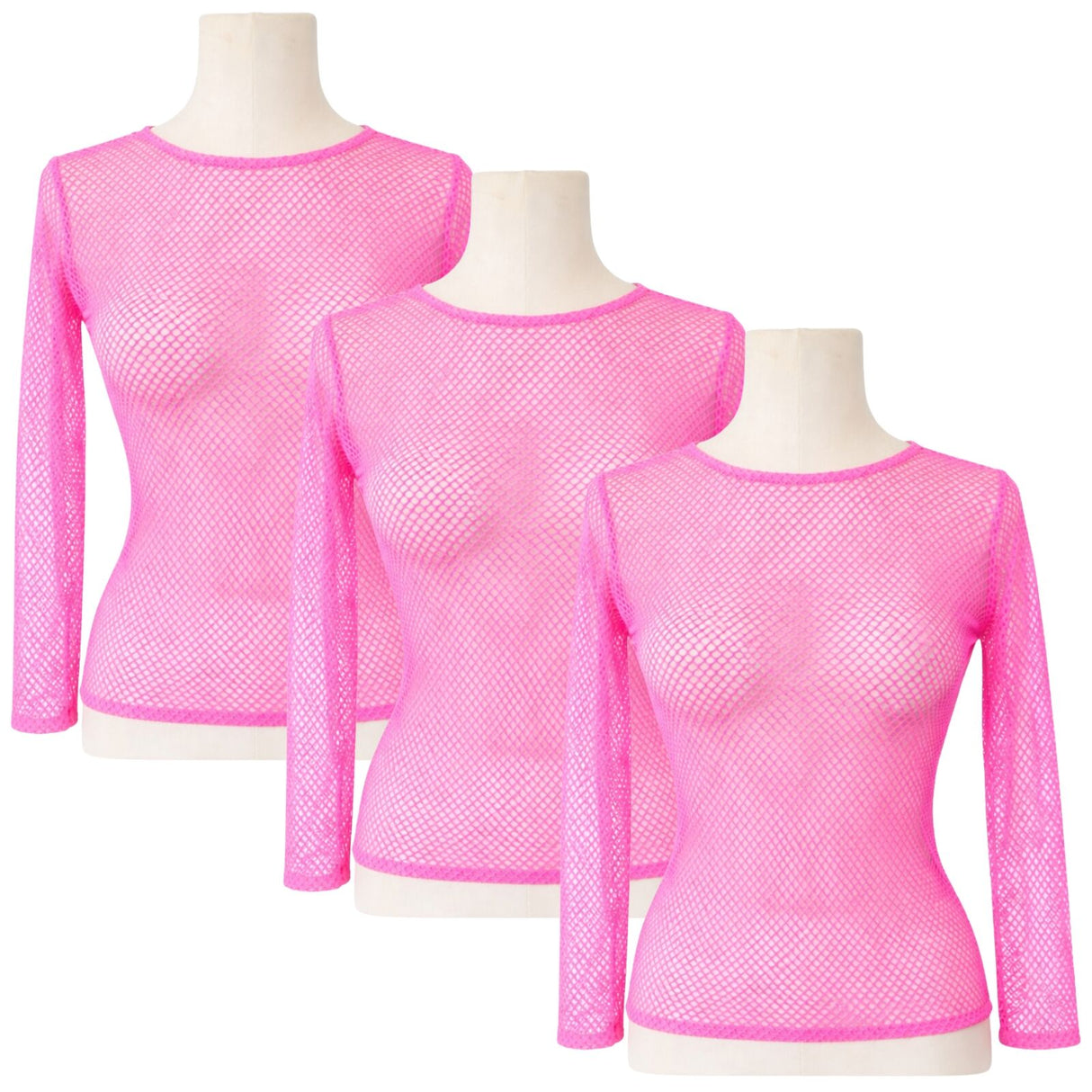 3x Womens Light Pink Fishnet Mesh Long Sleeve Sheer Top Bulk Pack - See Through Party Costume
