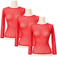 3x Womens Red Fishnet Mesh Long Sleeve Sheer Top Bulk Pack - See Through Party Costume