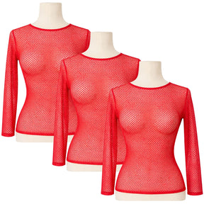 3x Womens Red Fishnet Mesh Long Sleeve Sheer Top Bulk Pack - See Through Party Costume